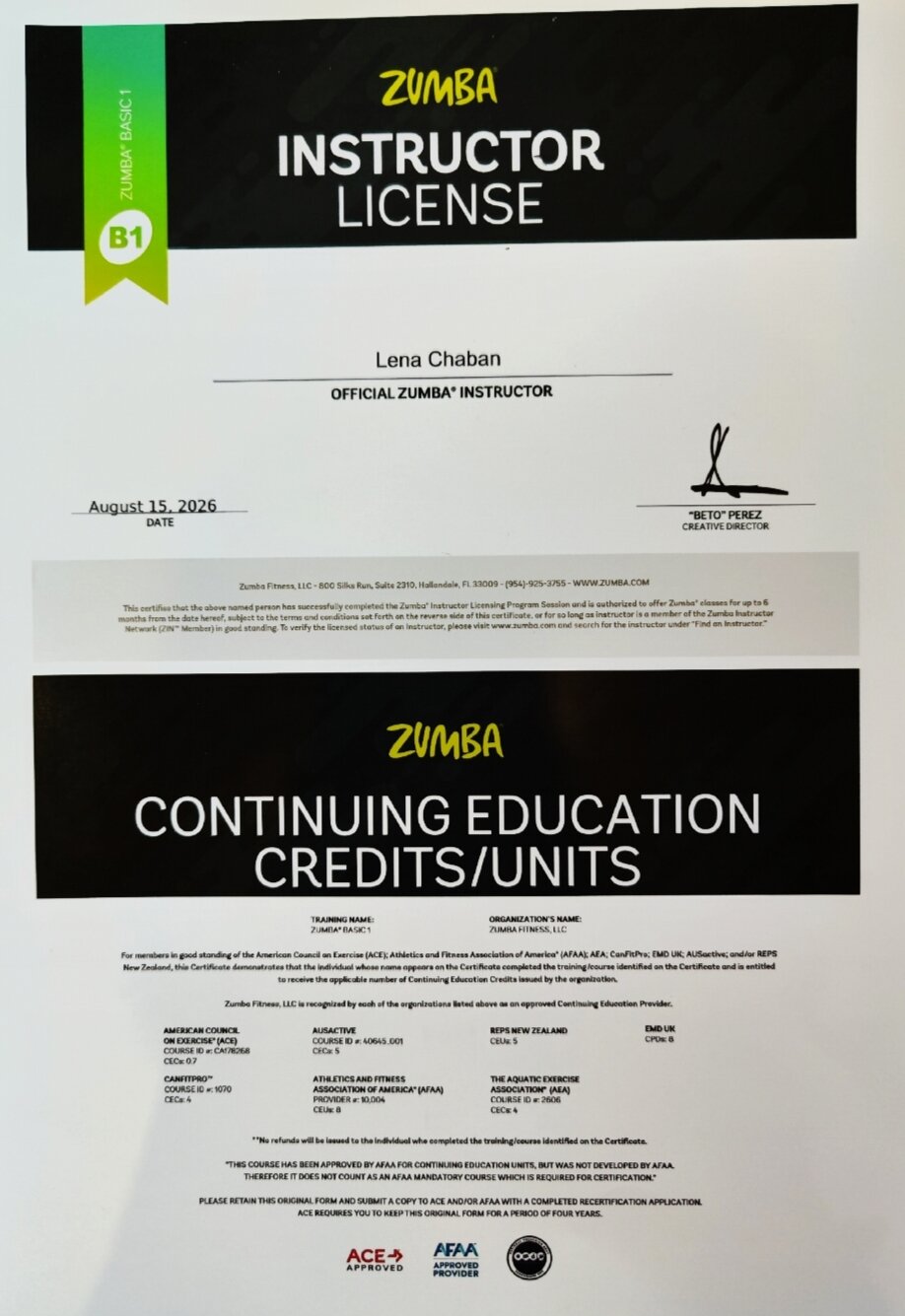 Сертифікат Zumba Instructor License на ім'я Lena Chaban